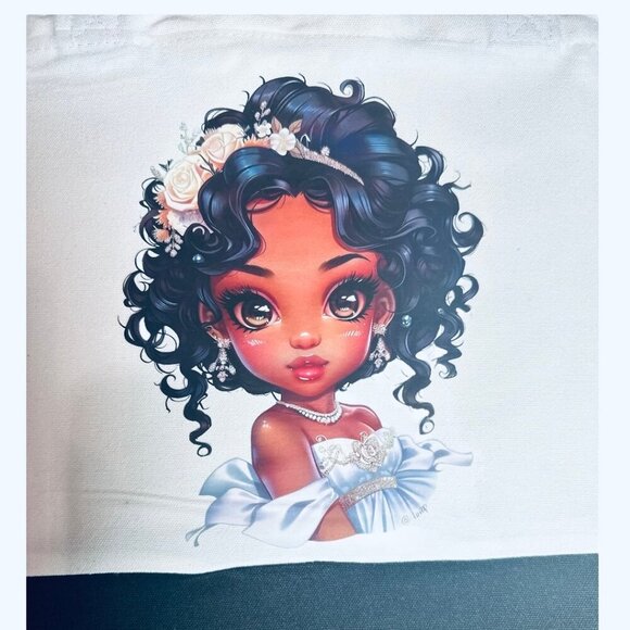 Large Canvas Tote Bag with Elegant Girl in White Dress | Hand Pressed | 17”x14” - Picture 3 of 5